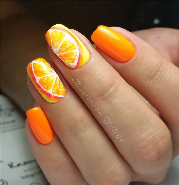 Идеи оранжевого маникюра. С какими цветами сочетается оранжевый ногти 25