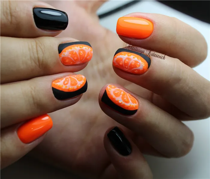 Идеи оранжевого маникюра. С какими цветами сочетается оранжевый ногти 26