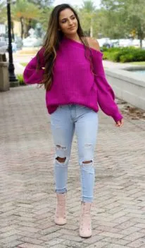 Модный тренд весны - свитер на одно плечо. Как носить кофту на плечах 6