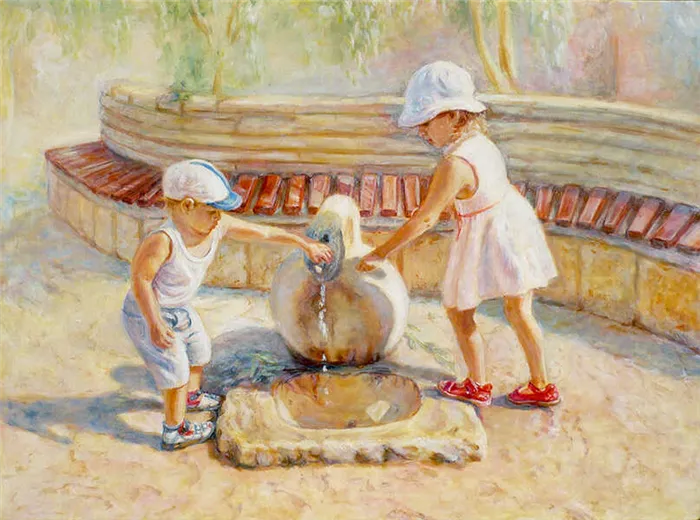 картина маслом дети у фонтана