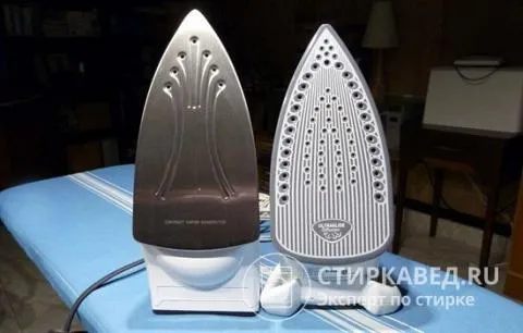 Утюги с подошвой из нержавеющей стали (слева) и керамической подошвой (справа)