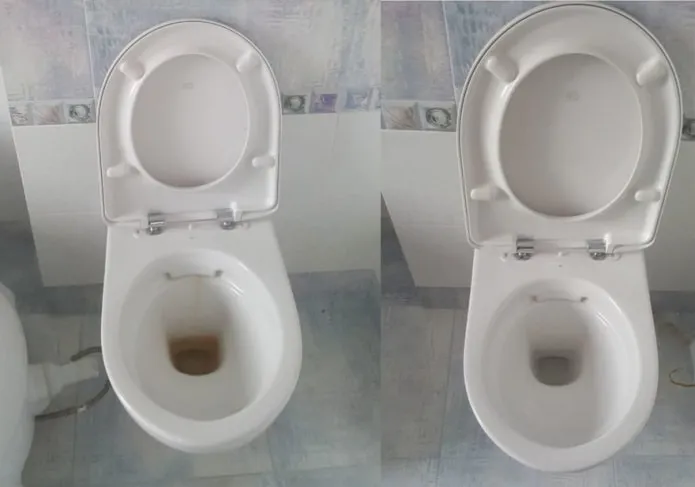 До и после чистки туалета пищевой содой и уксусом.