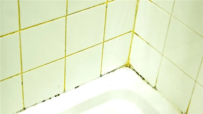 Стыки плитки в ванной комнате загрязнены. 