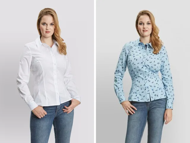 Девушки в синих и белых рубашках с тонкими линиями.