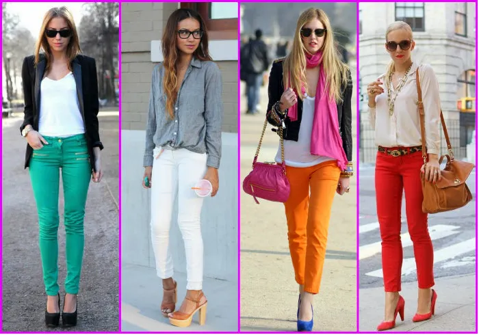 Женские брюки разных цветов.