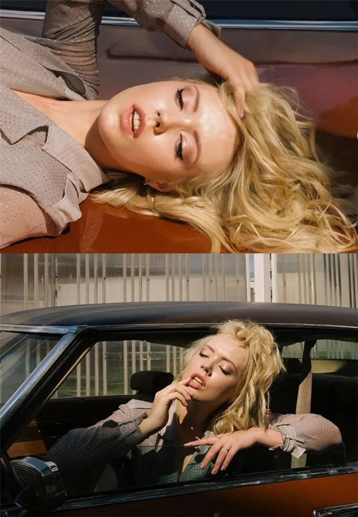 Блондинка сидит в машине и лежит на капоте