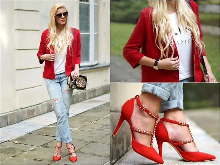 Джинсы, красные туфли и красный пиджак