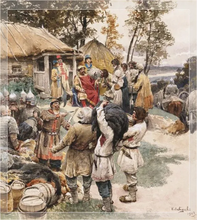Князь Игорь собирал дань с древлян, картина около 1903 года.