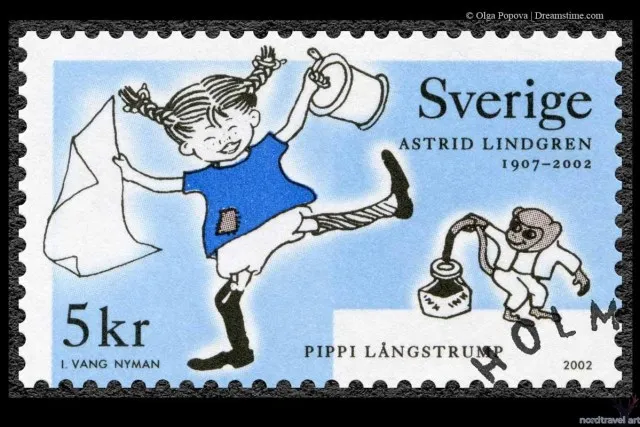 Шведская почтовая марка с иллюстрацией главного героя повести Линдгрен 
