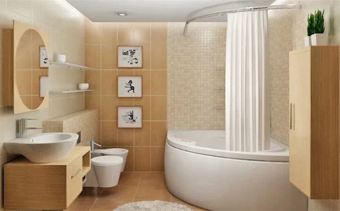 Пример интерьера ванной комнаты с полной комплектацией оборудования