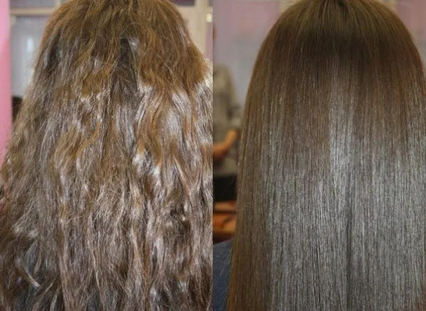 На фото – волосы до и после применения желатиновой маски