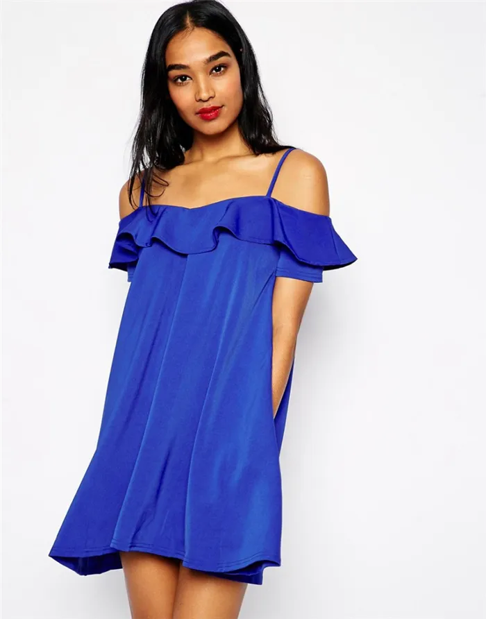 Синее платье-туника с открытыми плечами