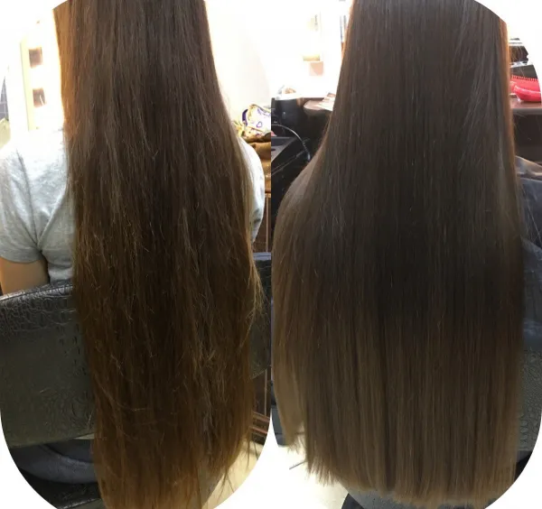 Волосы девушки до и после термострижки