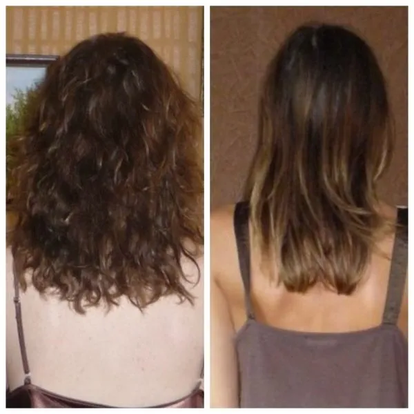 Волосы девушки до и после нескольких процедур термострижки