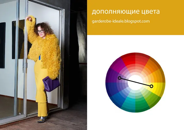 Сочетание дополняющих комплиментарных цветов желтого и фиолетового в одежде