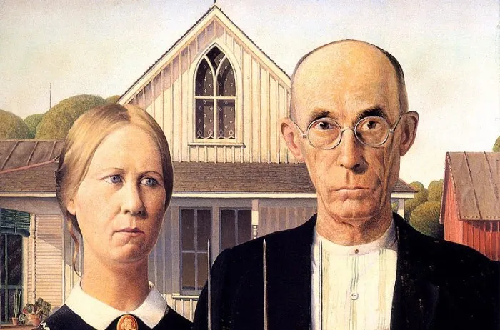 Картина «Американская готика». Картина где мужчина и женщина с вилами. 2