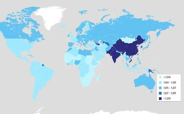 Соотношение новорожденных мальчиков и девочек по странам (данные Всемирного банка за 2016 год)