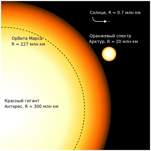 Звёзды и их величины: сравнение размеров Антареса, Арктура, Солнца и орбиты Марса