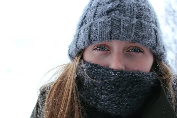 Девушка зимой в шапке и шарфе, который прикрывает ее лицо